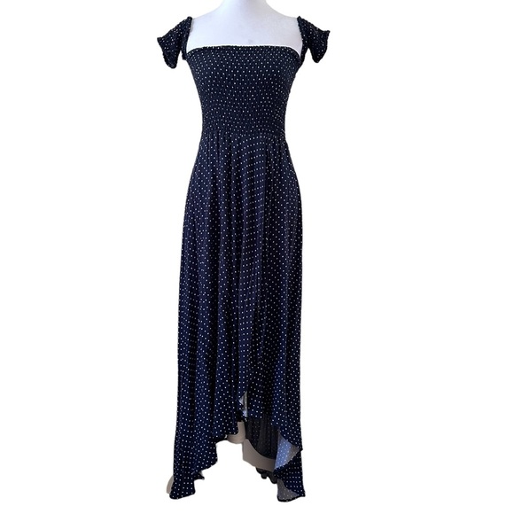 Reference Women’s Off Shoulder Polka Dot Maxi Dress Navy Blue & White Size XS - Picture 1 of 14